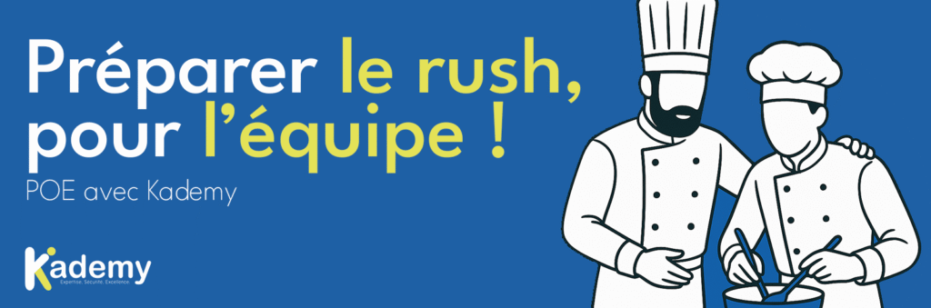 Entraînement en conditions réelles à la préparation et au service en restauration rapide avec suivi d’indicateurs de qualité. Kademy Formations.